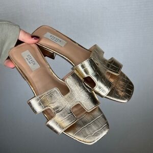 STEVEN NEW YORK Harlien Gold Croc Embossed Slip On Slide Sandal Women's Size 7.5